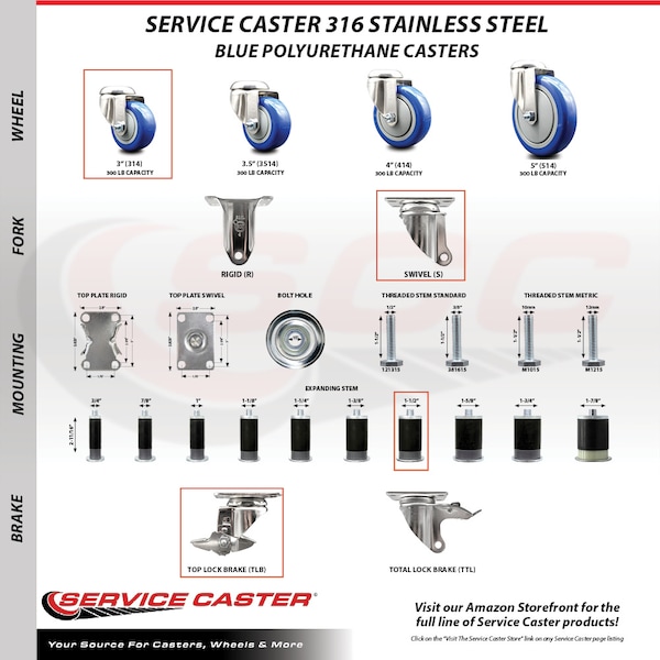 Service Caster 3 Inch 316SS Blue Poly Swivel 1-1/2 Inch Expanding Stem Caster Set Brake SCC SCC-SS316EX20S314-PPUBBLUE-TLB-112-4 - main